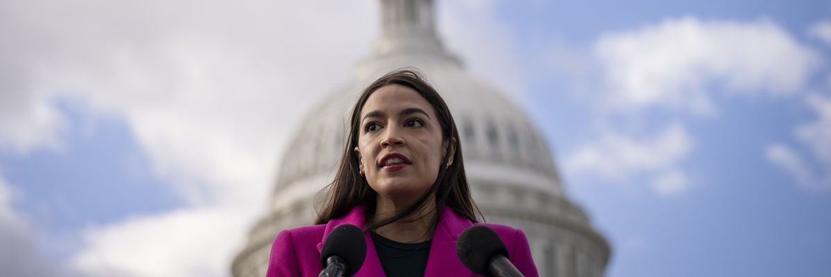 Rep. Alexandria Ocasio-Cortez (D-N.Y.) speaks during a news conference outside the U.S. Capitol in Washington, D.C. on January 26, 2023.