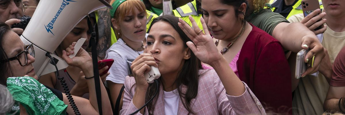 Rep. Alexandria Ocasio-Cortez (D-N.Y.) speaks to abortion rights activists in front of the U.S. Supreme Court after the court's reactionary majority overturned Roe v. Wade on June 24, 2022 in Washington, D.C.