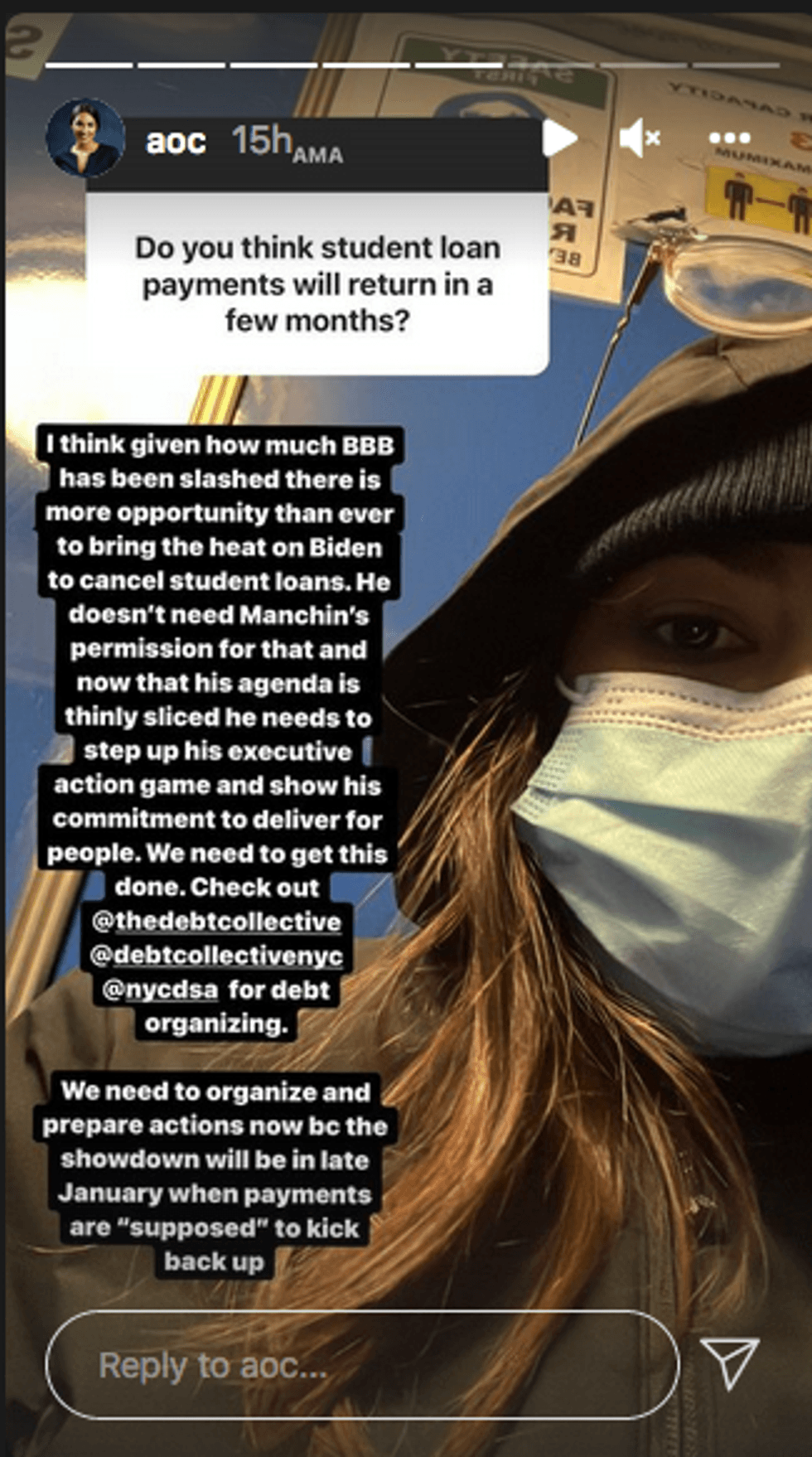 Rep. Alexandria Ocasio-Cortez posted on her Instagram account about student loan debt.