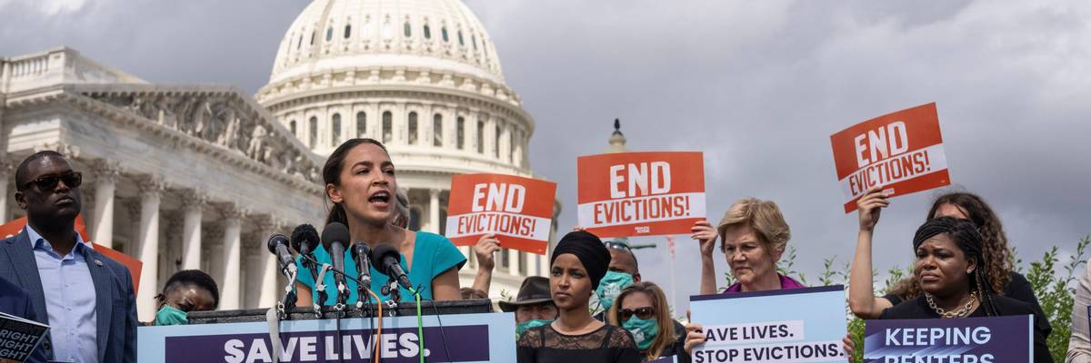 Rep. Alexandria Ocasio-Cortez speaks at a rally.