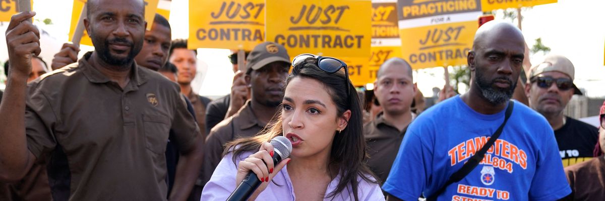 Rep. Alexandria Ocasio-Cortez speaks to UPS workers