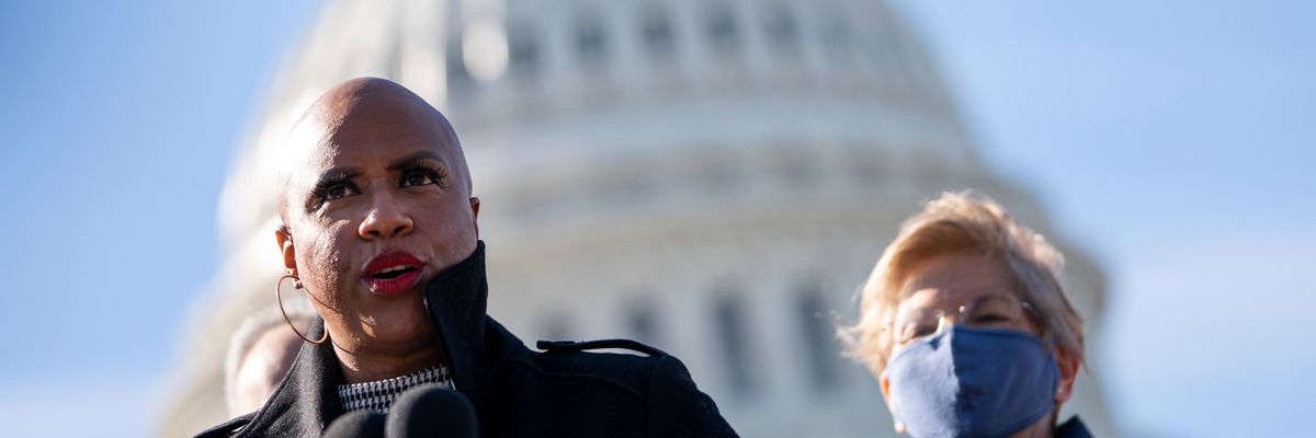 Rep. Ayanna Pressley and Sen. Elizabeth Warren speak at a press conference