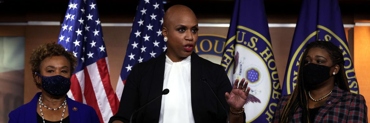 Rep. Ayanna Pressley speaks at a press conference