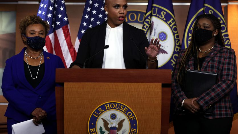 Rep. Ayanna Pressley speaks at a press conference