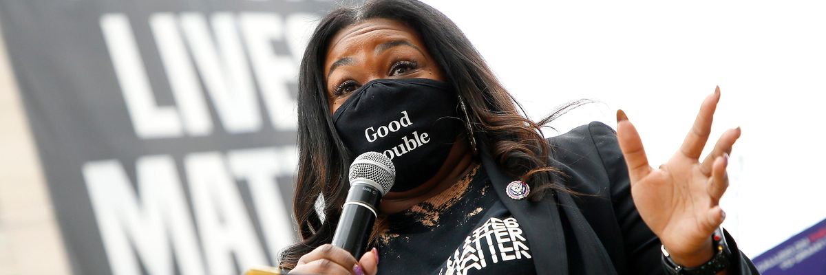 Rep. Cori Bush (D-MO) speaks at The National Council for Incarcerated Women and Girls "100 Women for 100 Women" rally in Black Lives Matter Plaza near The White House on March 12, 2021 in Washington, DC. The organization and its supporters are urging President Joe Biden to release 100 women currently incarcerated in federal prison.