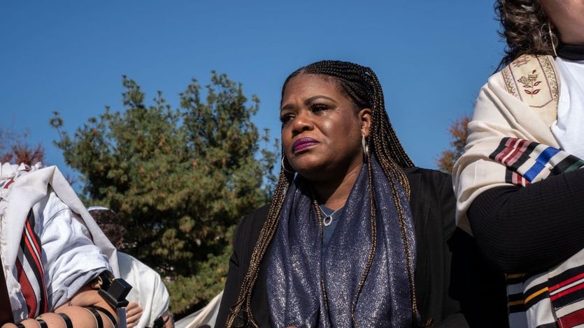 Rep. Cori Bush takes part in a Jewish prayer service outside the U.S. Capitol