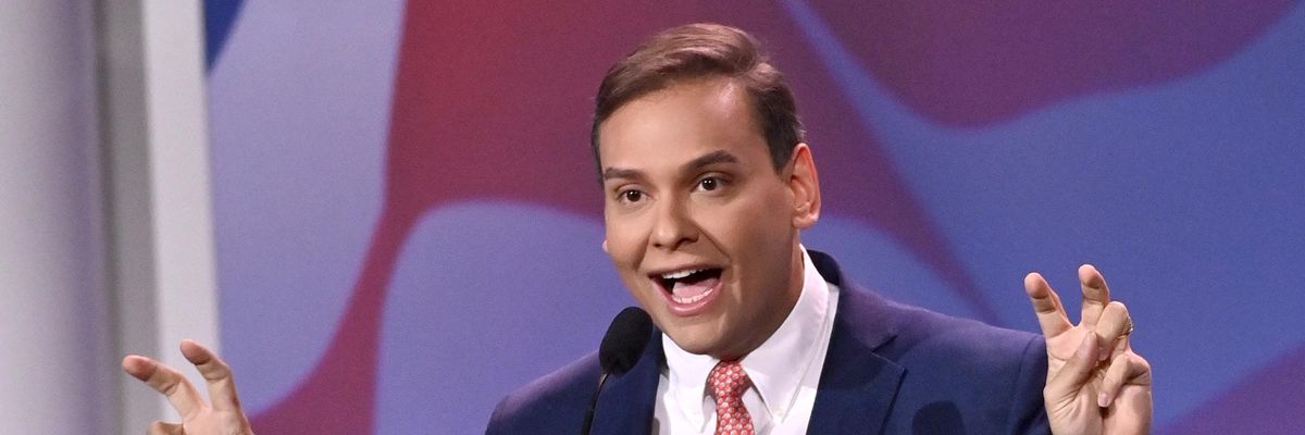 Rep.-elect George Santos speaks during the Republican Jewish Coalition Annual Leadership Meeting in Las Vegas