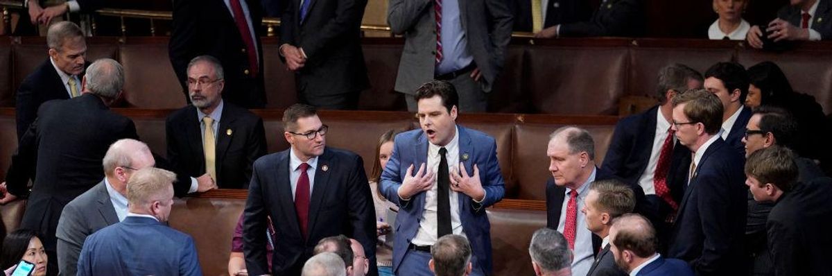 Rep.-elect Matt Gaetz, (R-Fla) speaks with other member-elects on the second day of the 118th Congress