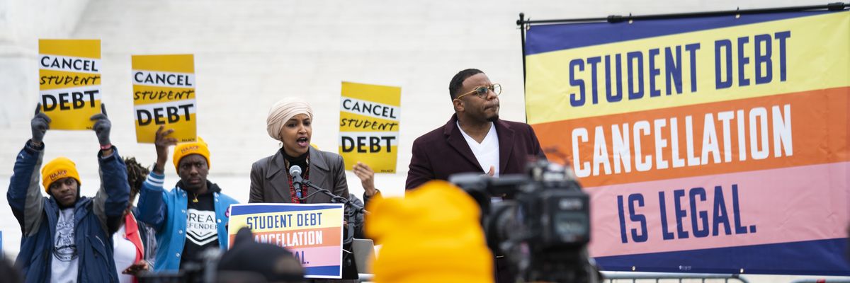 Rep. Ilhan Omar (D-Minn.) delivers remarks during a protest in support of student debt cancellation as the Supreme Court