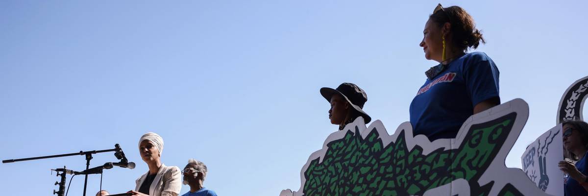 Rep. Ilhan Omar (D-Minn.) speaks at an "End Fossil Fuel" rally organized by Our Revolution near the U.S. Capitol on June 29, 2021 in Washington, D.C. Demonstrators called on Congress to take action in ending fossil fuel subsidies. (Photo: Anna Moneymaker via Getty Images)