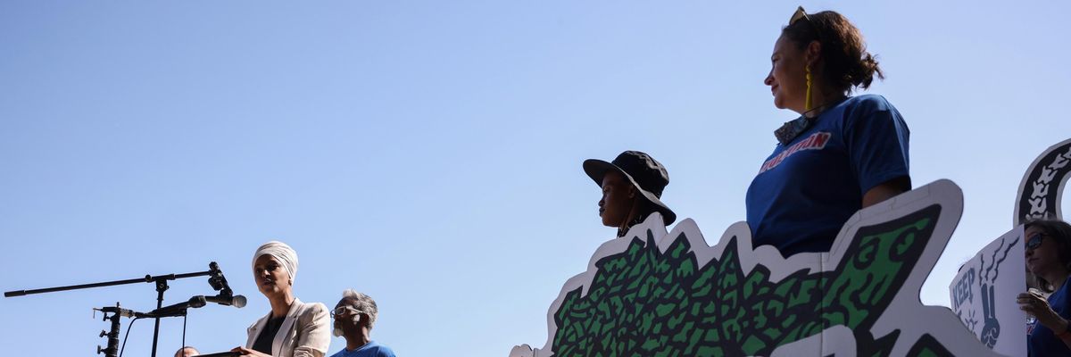 Rep. Ilhan Omar (D-Minn.) speaks at an "End Fossil Fuel" rally organized by Our Revolution near the U.S. Capitol on June 29, 2021 in Washington, D.C. Demonstrators called on Congress to take action in ending fossil fuel subsidies. (Photo: Anna Moneymaker via Getty Images)