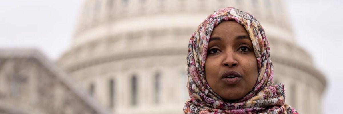 Rep. Ilhan Omar (D-Minn.) speaks during a news conferenc outside the U.S. Capitol on January 26, 2023.
