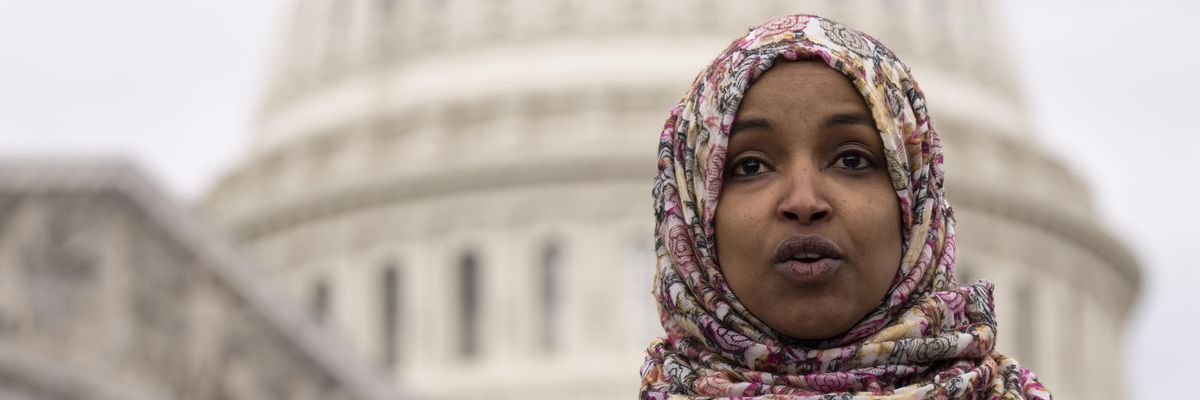 Rep. Ilhan Omar (D-Minn.) speaks during a news conference marking the sixth anniversary of the Trump administration's Executive Order 13769, also known as the Muslim ban, outside the U.S. Capitol on January 26, 2023.
