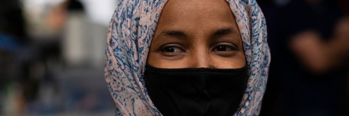 Rep. Ilhan Omar (D-Minn.) speaks with local television journalists while campaigning at the Richfield Farmers Market on August 8, 2020 in Richfield, Minnesota. (Photo: Stephen Maturen via Getty Images)