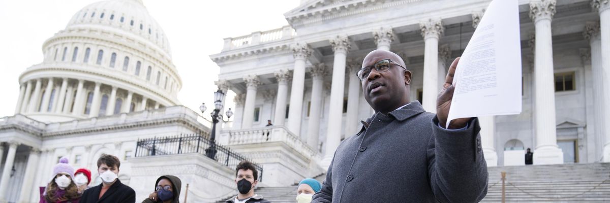 Rep. Jamaal Bowman (D-N.Y.) holds a rally outside the U.S. Capitol to urge the Senate to pass voting rights legislation on January 19, 2022.