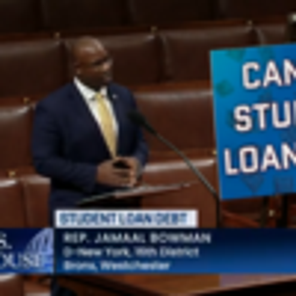Rep. Jamaal Bown (D-N.Y.) speaks on the House floor Thursday and calls for the cancellation of student debt.
