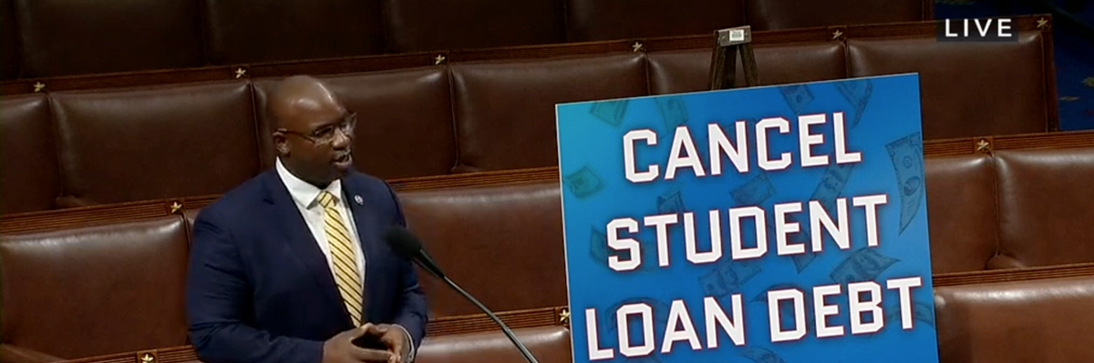 Rep. Jamaal Bown (D-N.Y.) speaks on the House floor Thursday and calls for the cancellation of student debt.