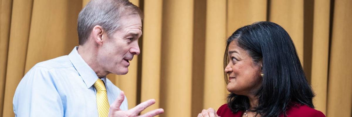 Rep. Jim Jordan (R-Ohio) talks with Rep. Pramila Jayapal (D-Wash.)