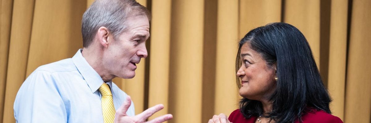 Rep. Jim Jordan (R-Ohio) talks with Rep. Pramila Jayapal (D-Wash.)