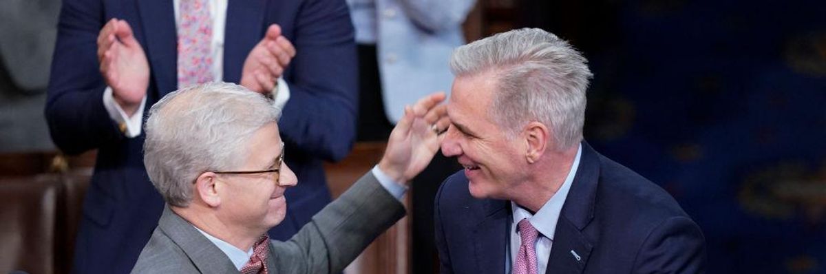 Rep. Kevin McCarthy (R-Calif.) shakes hands with Rep. Patrick McHenry (R-N.C.)