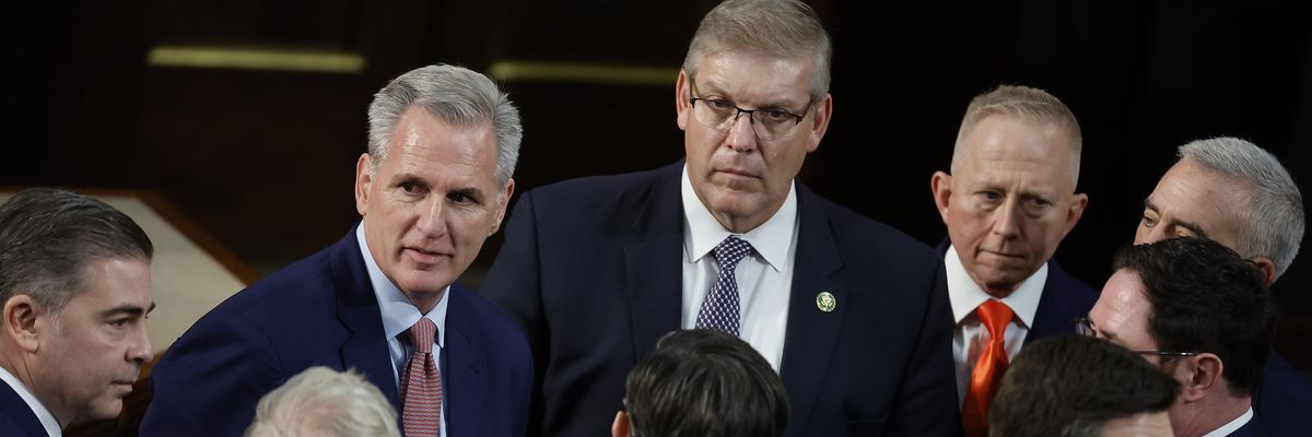 Rep. Kevin McCarthy talks with fellow Republican members of the House
