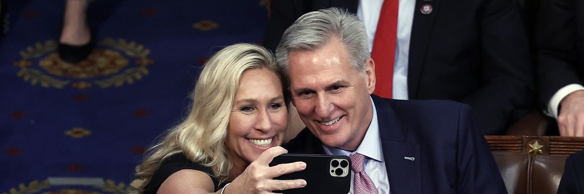 Rep. Marjorie Taylor Greene (R-Ga.) takes a photo with U.S. House Republican Leader Kevin McCarthy
