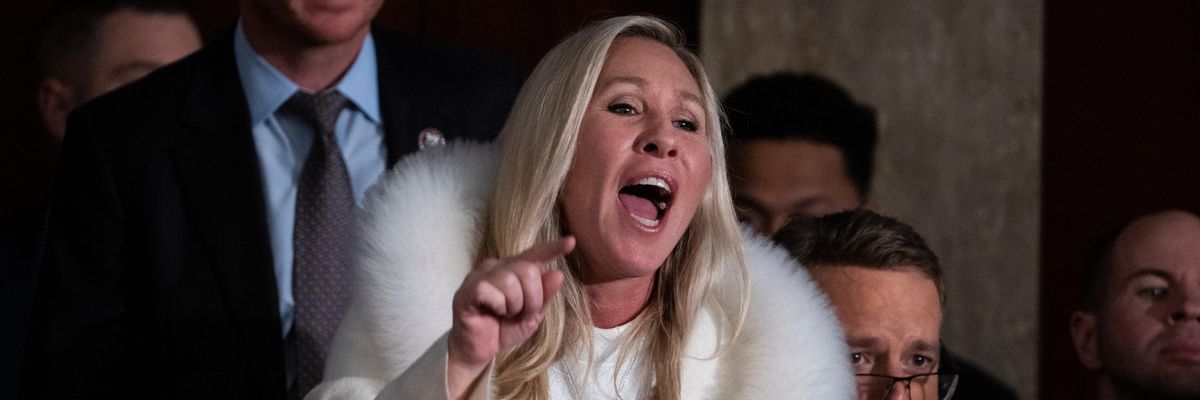 Rep. Marjorie Taylor Greene (R-Ga.) yells during President Joe Biden's State of the Union address
