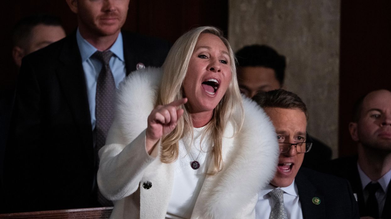 Rep. Marjorie Taylor Greene (R-Ga.) yells during President Joe Biden's State of the Union address