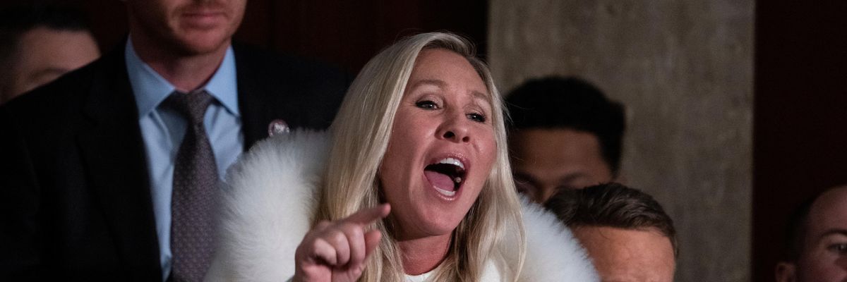 Rep. Marjorie Taylor Greene (R-Ga.) yells during President Joe Biden's State of the Union address