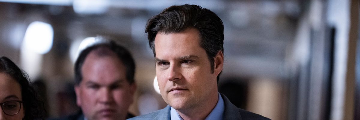 Rep. Matt Gaetz leaves a meeting of the House Republican Conference