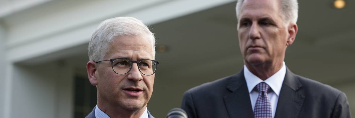 Rep. Patrick McHenry and House Speaker Kevin McCarthy talk to reporters
