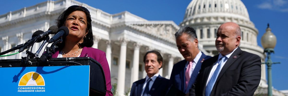 Rep. Pramila Jayapal (D-Wash.) and other politicians hold a news conference outside the U.S. Capitol.