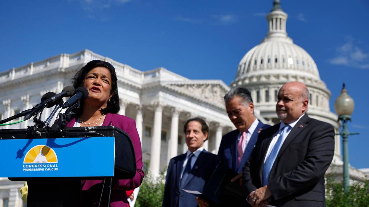 Rep. Pramila Jayapal (D-Wash.) and other politicians hold a news conference outside the U.S. Capitol.