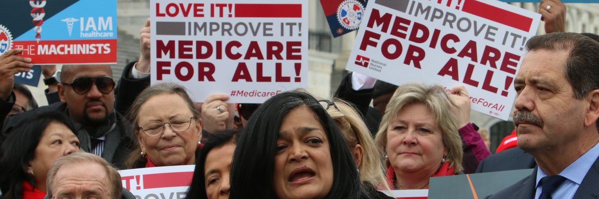 Rep. Pramila Jayapal (D-Wash.) as she introduced Medicare for All legislation in 2019 on Capitol Hill.