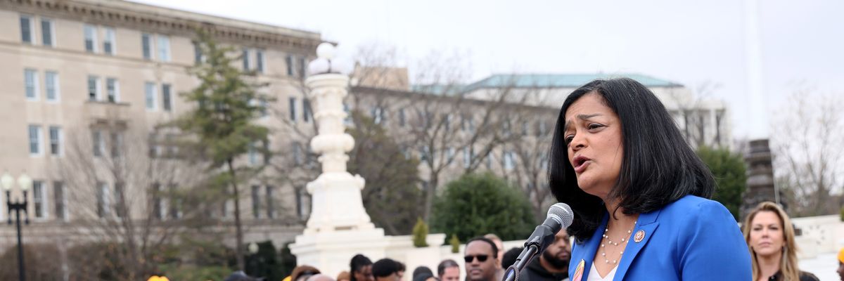 Rep. Pramila Jayapal (D-Wash.) speaks at a rally