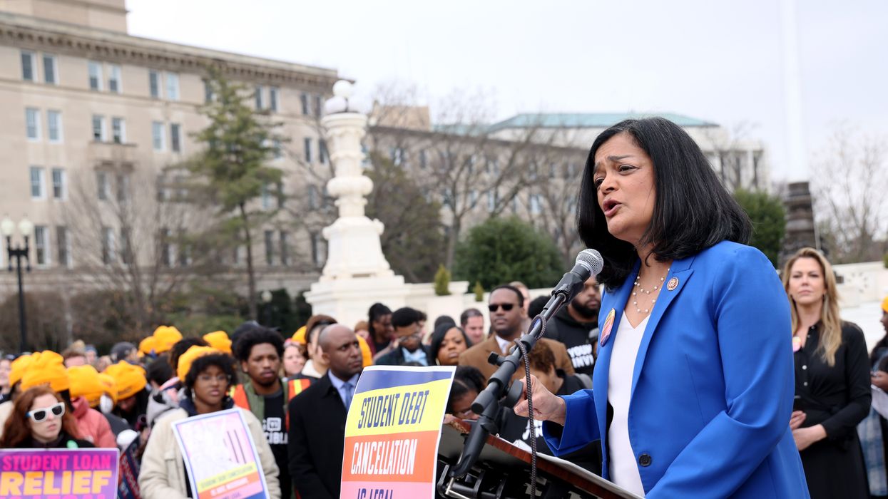 Rep. Pramila Jayapal (D-Wash.) speaks at a rally