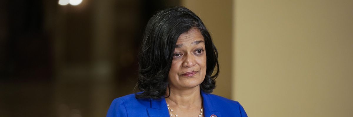 Rep. Pramila Jayapal (D-Wash.) speaks during an interview as House Democrats work on infrastructure and spending bills on Capitol Hill on November 4, 2021 in Washington, D.C. (Photo: Joshua Roberts via Getty Images)