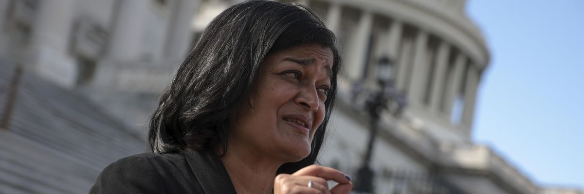 Rep. Pramila Jayapal (D-Wash.) speaks to reporters outside the U.S. Capitol on September 23, 2021 in Washington, D.C.