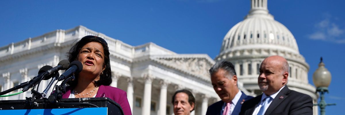 Rep. Pramila Jayapal speaks at a press conference outside the U.S. Capitol