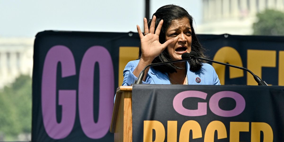 Rep. Pramila Jayapal speaks at a rally