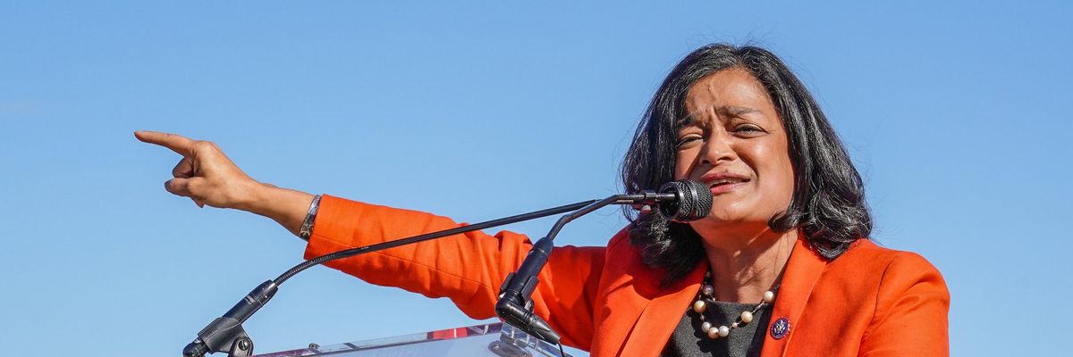 Rep. Pramila Jayapal speaks at a rally.