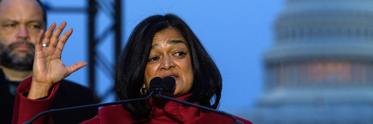 Rep. Pramila Jayapal speaks at an event on Capitol Hill