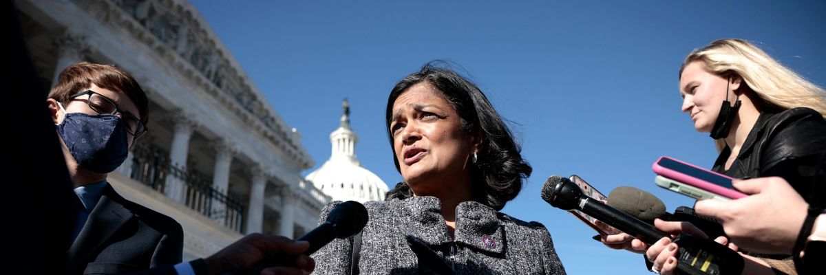 Rep. Pramila Jayapal speaks to reporters.