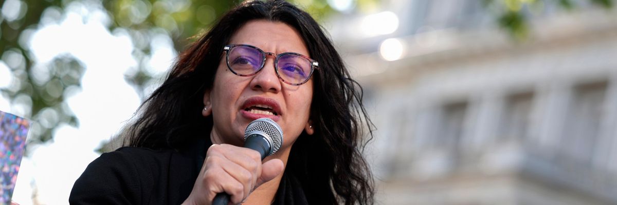 Rep. Rashida Tlaib (D-Mich.) speaks during a rally on April 27, 2022 in Washington, D.C.