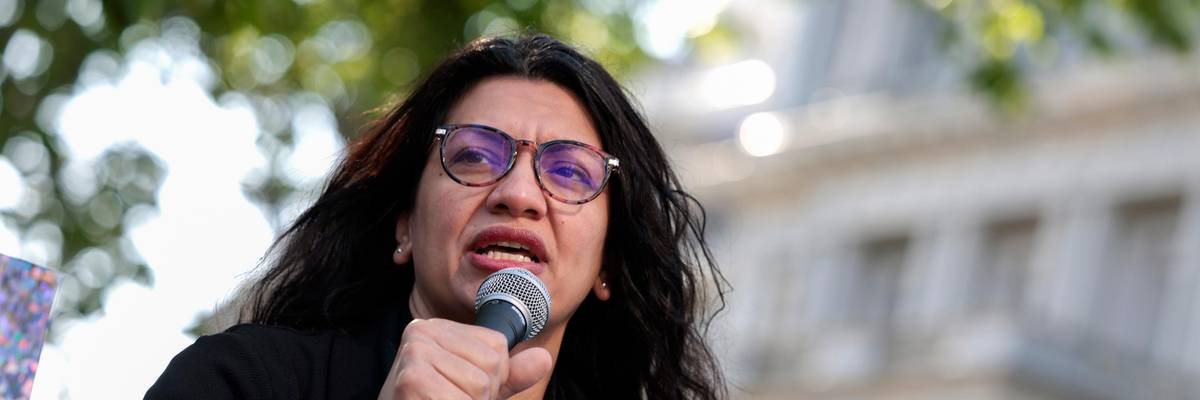 Rep. Rashida Tlaib speaks at a rally