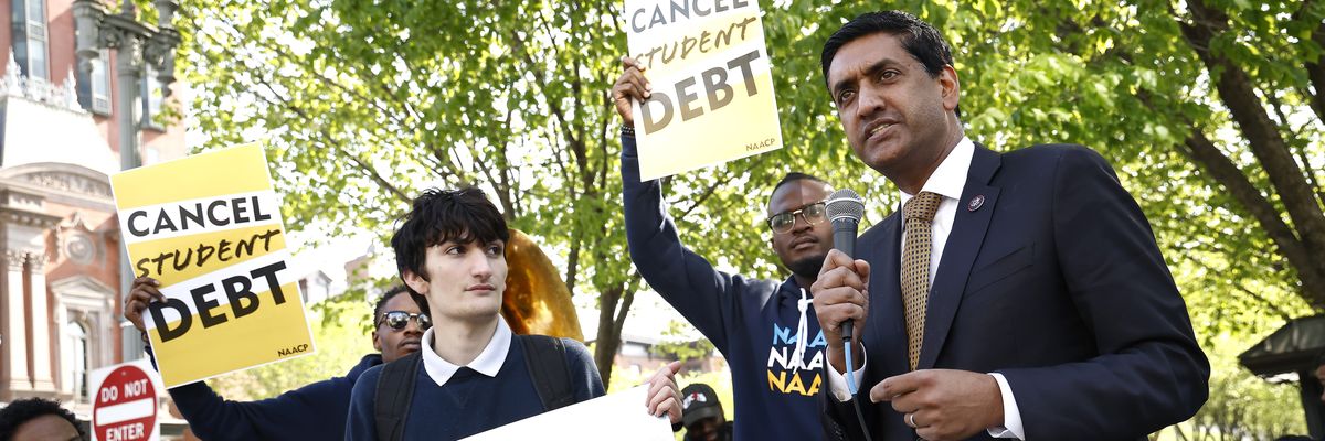 Rep. Ro Khanna (D-Calif.) joins student debtors at a demonstration outside the White House