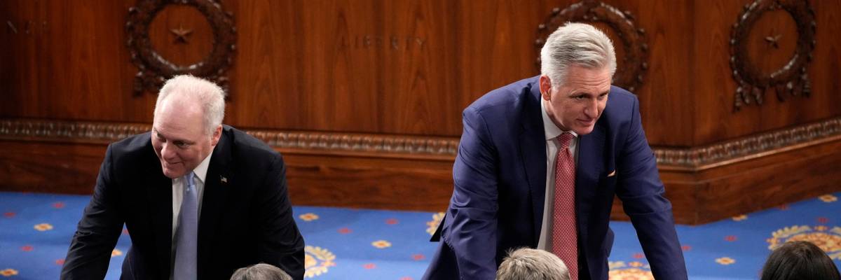 Rep. Steve Scalise and House Minority Leader Kevin McCarthy talk to colleagues