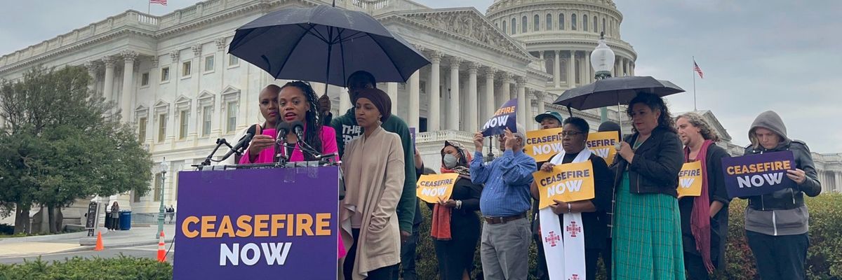 Rep. Summer lee speaks in favor of a Gaza cease-fire outside the U.S. Capitol on a rainy day