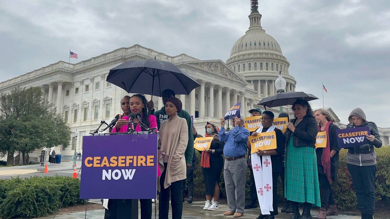 Rep. Summer lee speaks in favor of a Gaza cease-fire outside the U.S. Capitol on a rainy day