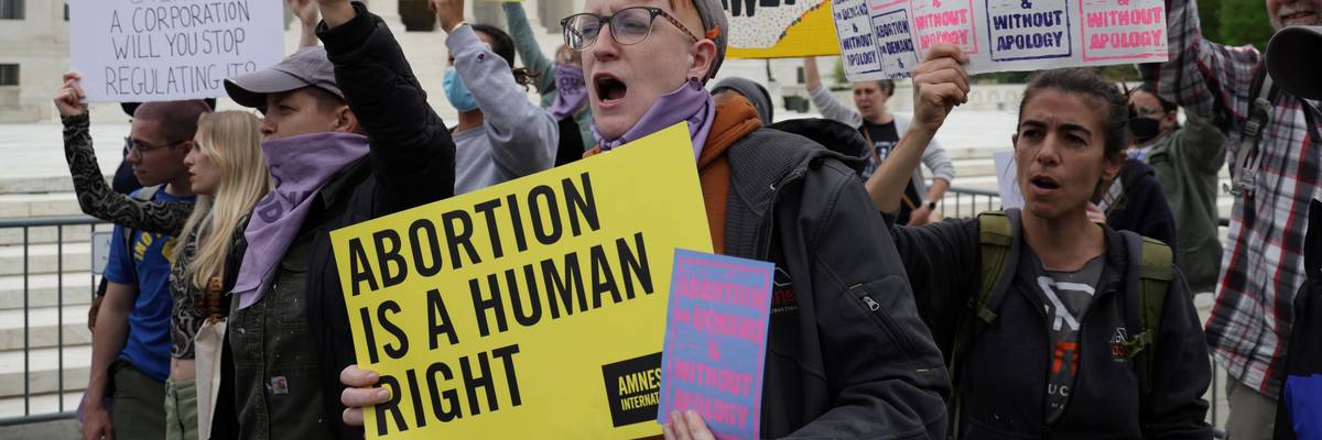 Reproductive rights advocates protest in response to the leaked Supreme Court draft decision to overturn Roe v. Wade on May 3, 2022 in Washington, D.C.